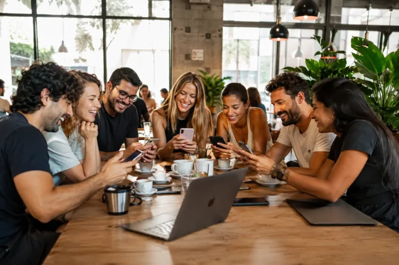 Sete nômades digitais felizes e sorridentes interagem em uma cafeteria em São Paulo, olhando para os celulares e conversando ao redor de uma mesa com cafés e laptops.